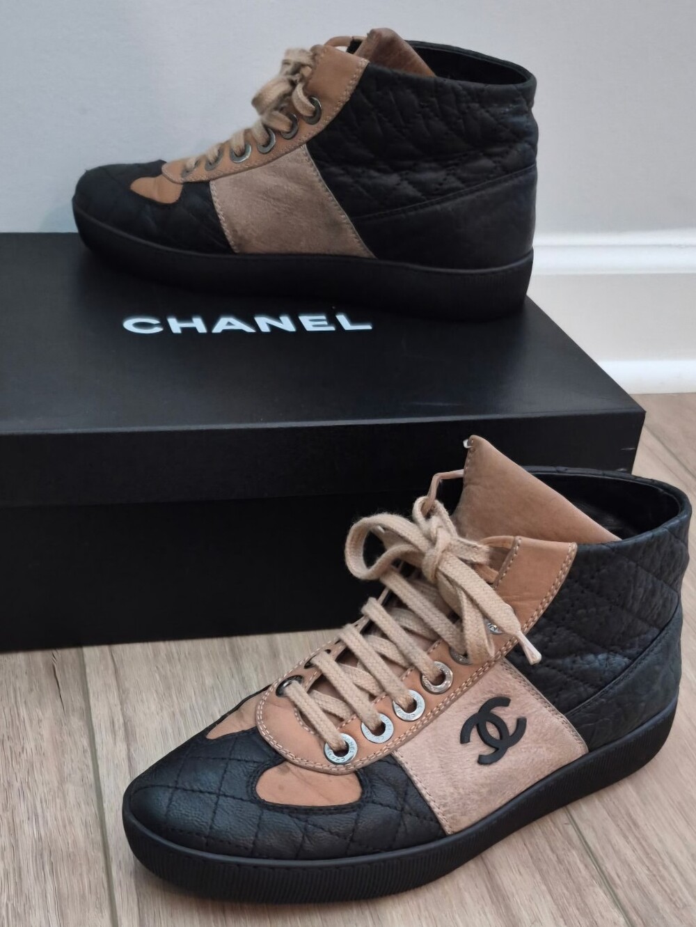 Chanel CC Logo Quilted Black And Tan Calfskin Leather High-top Tennis Sneakers